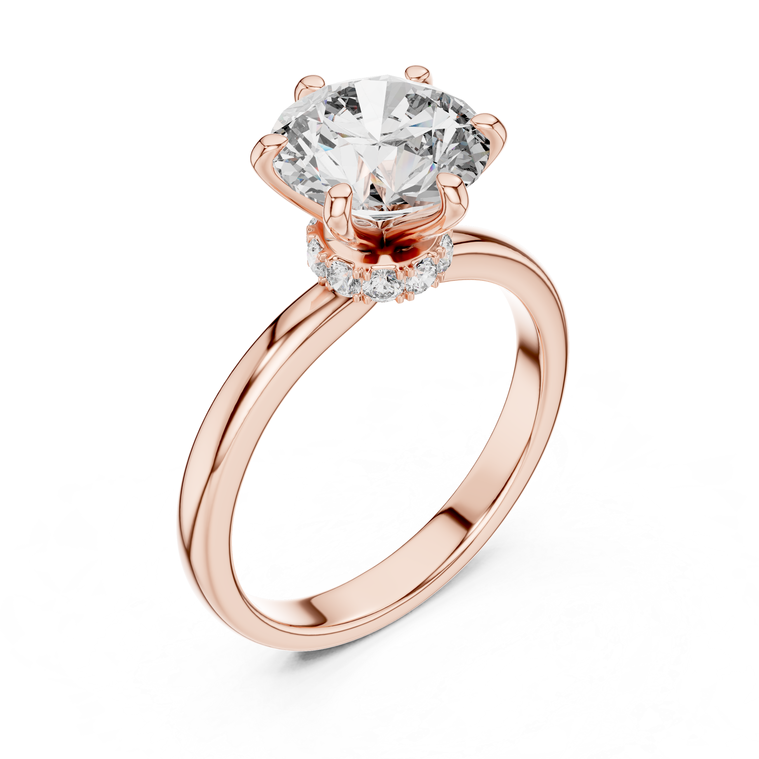 Rose gold ring with a large diamond and smaller diamonds on a white background